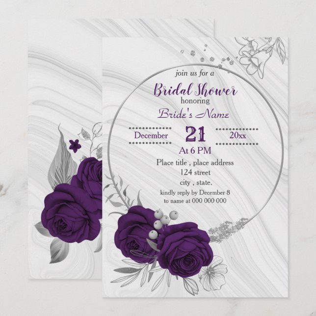 royal purple silver floral bridal shower invitation (Front/Back)