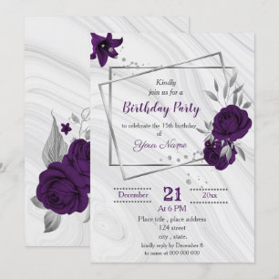 royal purple silver floral geometric birthday invitation