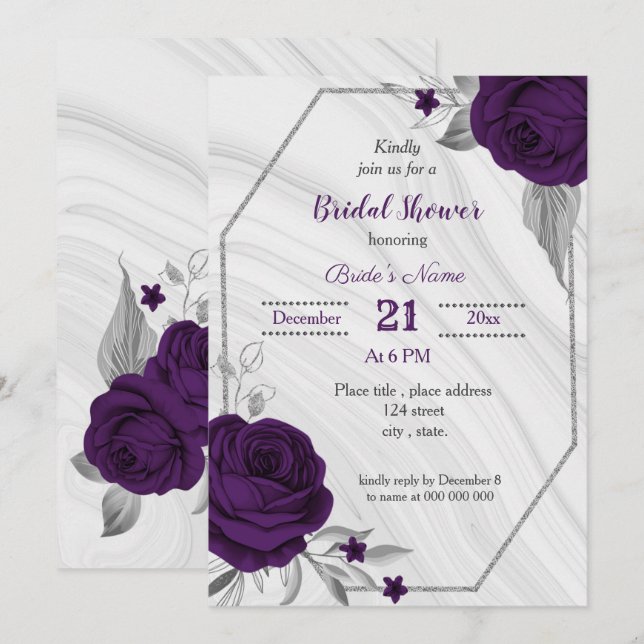 royal purple silver floral geometric bridal shower invitation (Front/Back)
