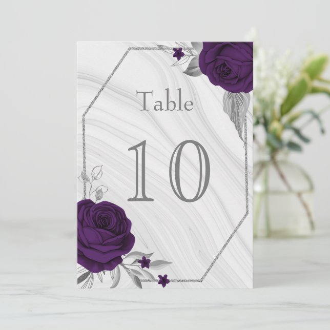 royal purple silver floral geometric table number (Standing Front)