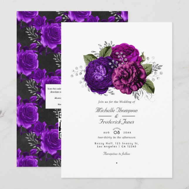 Royal Purple & Silver Floral QR Code RSVP Wedding Invitation (Front/Back)