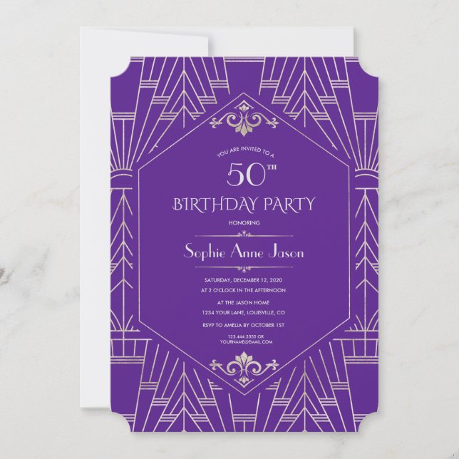 Royal Purple Silver Great Gatsby Birthday Party Invitation (Front)