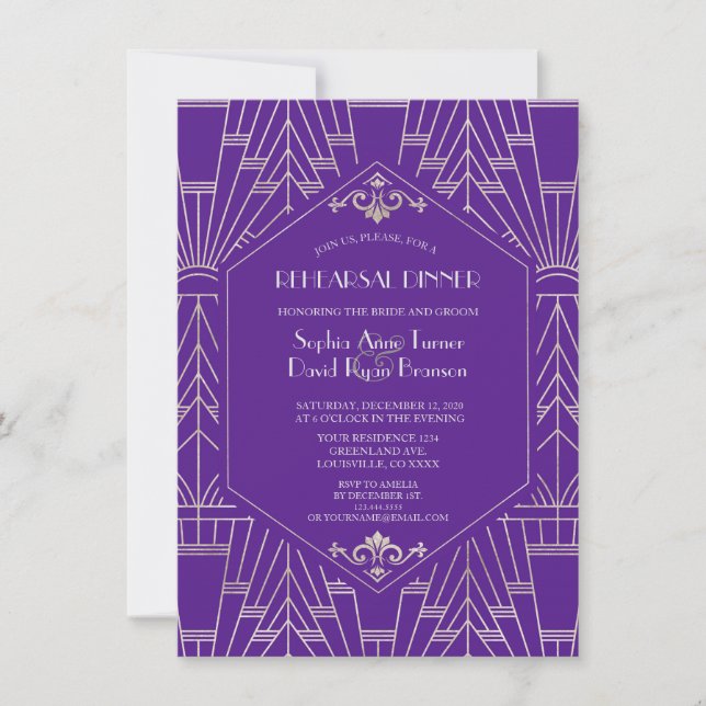 Royal Purple Silver Great Gatsby Rehearsal Dinner Invitation (Front)