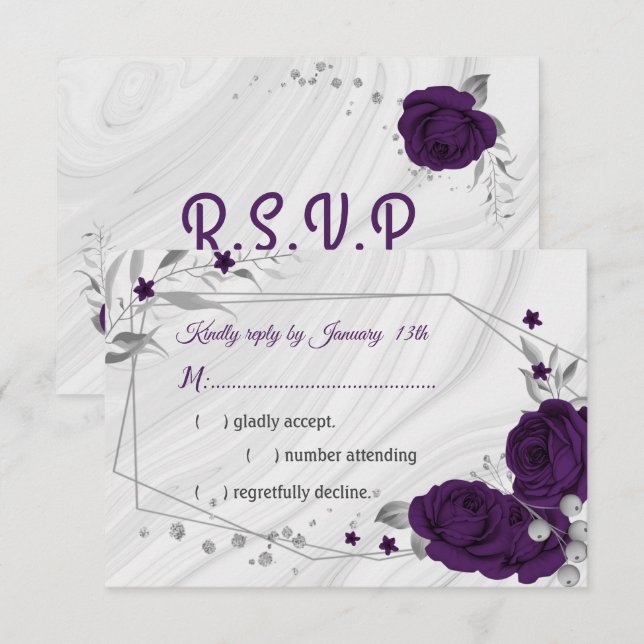 royal purple silver grey floral geometric RSVP card (Front/Back)
