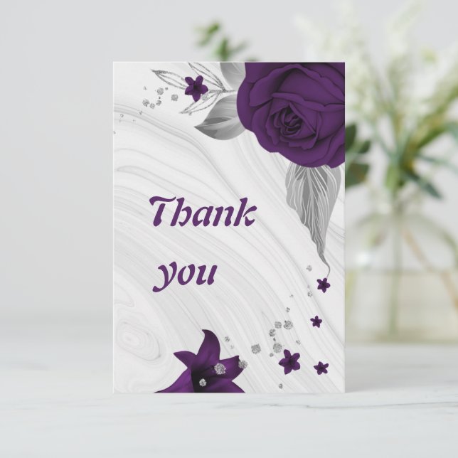 royal purple silver grey floral geometric thank you card (Standing Front)