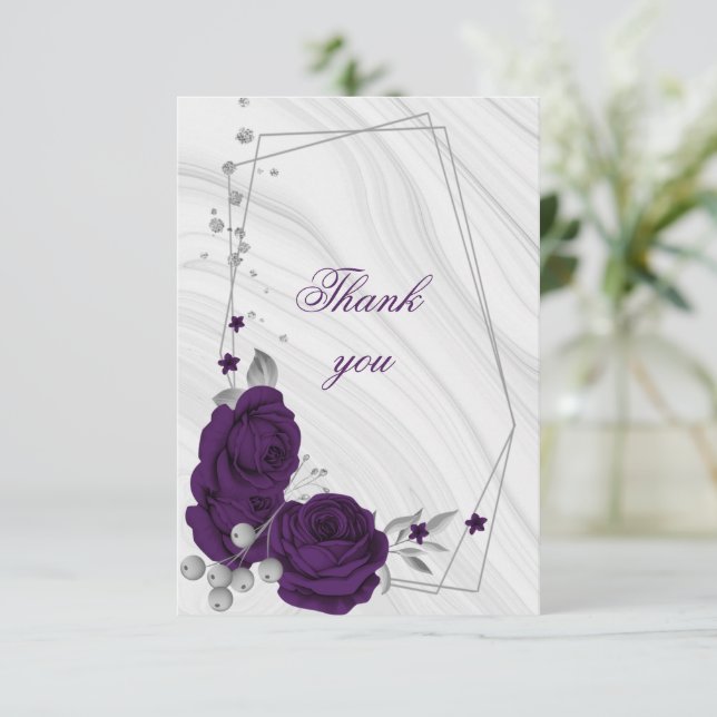royal purple silver grey floral geometric thank you card (Standing Front)