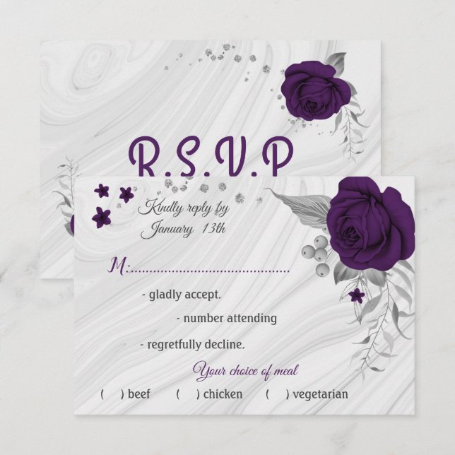 royal purple silver grey floral meal choice RSVP card (Front/Back)