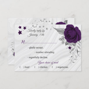 royal purple silver grey floral meal choice RSVP card