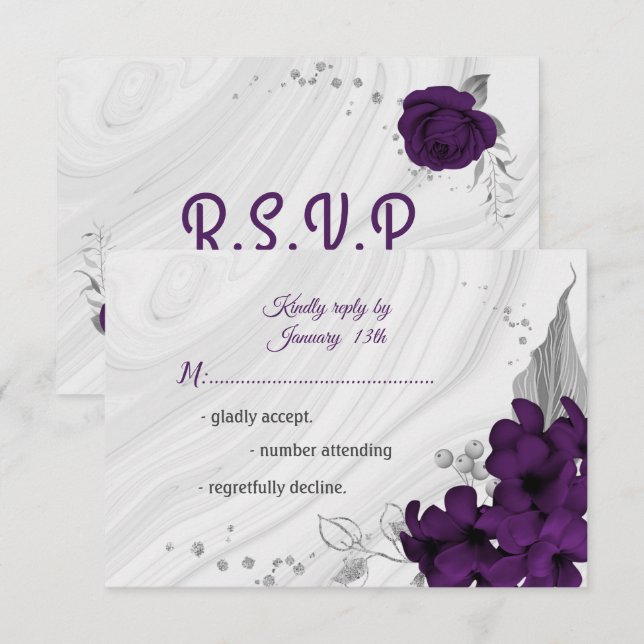 royal purple silver grey floral  RSVP card (Front/Back)