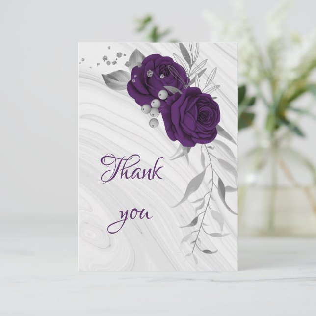royal purple silver grey floral thank you card (Standing Front)