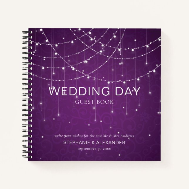 Royal Purple String Lights Wedding Guest Book (Front)