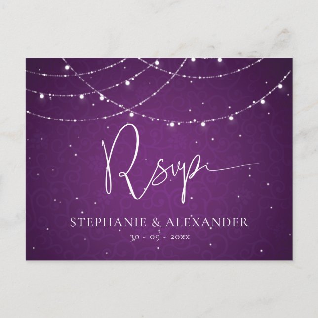 Royal Purple String Lights Wedding RSVP Invitation Postcard (Front)