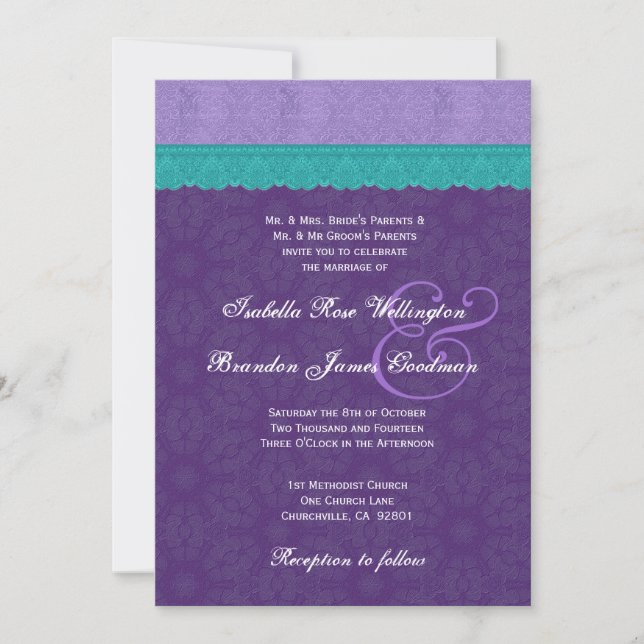 Royal Purple Teal Lace Wedding V10A Invitation (Front)