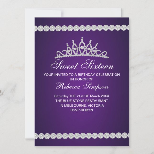 Royal Purple Tiara Birthday Invitation (Front)
