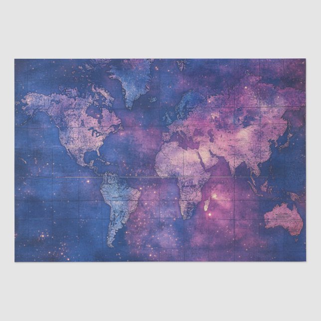 Royal Purple Vintage Celestial World Map Tissue Paper (Front)