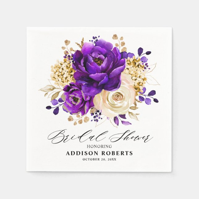 Royal Purple Violet Gold Botanical Bridal Shower Napkin (Front)