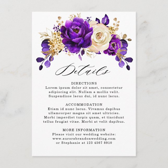 Royal Purple Violet Gold Botanical Wedding Details Enclosure Card (Front)