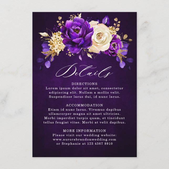 Royal Purple Violet Gold Botanical Wedding Details Enclosure Card (Front)