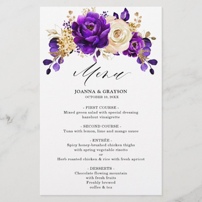 Royal Purple Violet Gold  Botanical Wedding Menu (Front)