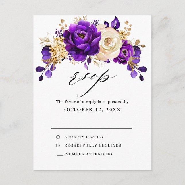 Royal Purple Violet Gold Botanical Wedding RSVP    Postcard (Front)