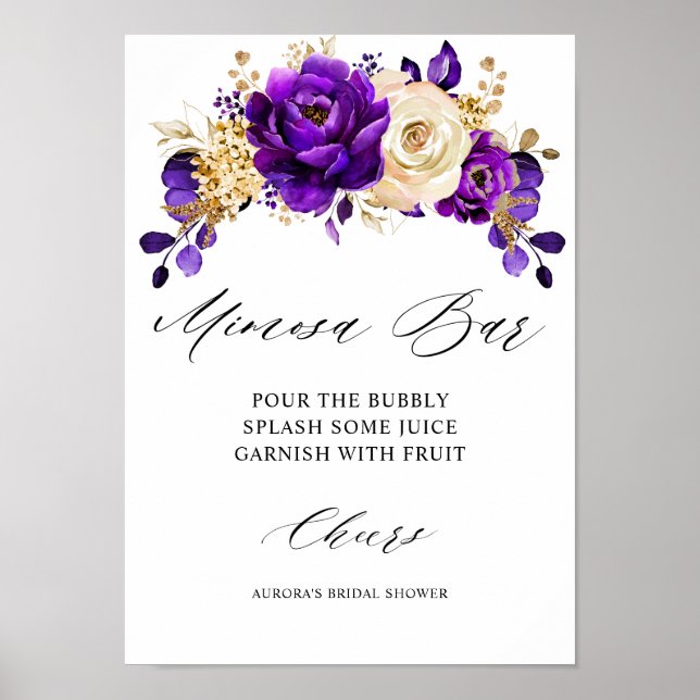 Royal Purple Violet Gold Bridal Shower Mimosa Bar Poster (Front)