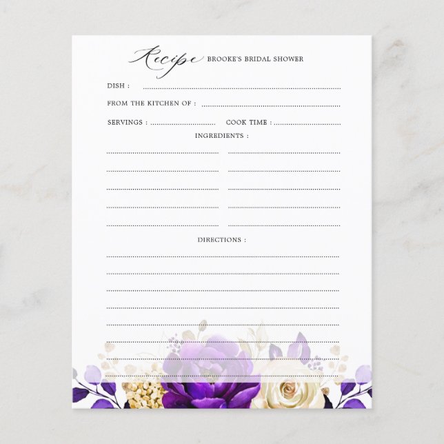 Royal Purple Violet Gold Bridal Shower Recipe (Front)