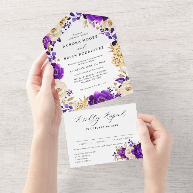 Royal Purple Violet Gold Floral Botanical Wedding All In One Invitation (Tearaway)