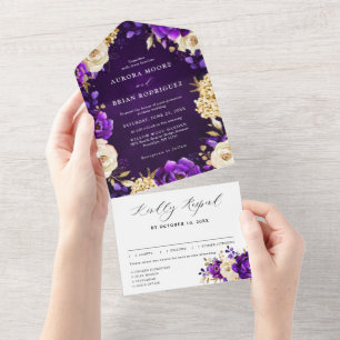 Royal Purple Violet Gold Floral Botanical Wedding  All In One Invitation