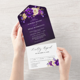 Royal Purple Violet Gold Floral Botanical Wedding All In One Invitation