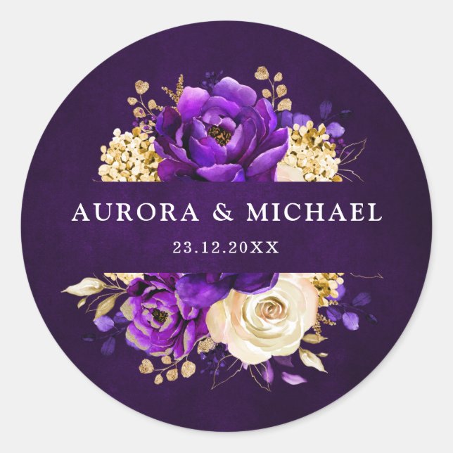 Royal Purple Violet Gold Floral Botanical Wedding  Classic Round Sticker (Front)
