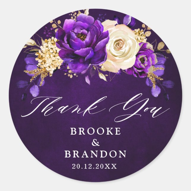 Royal Purple Violet Gold Floral Botanical Wedding  Classic Round Sticker (Front)