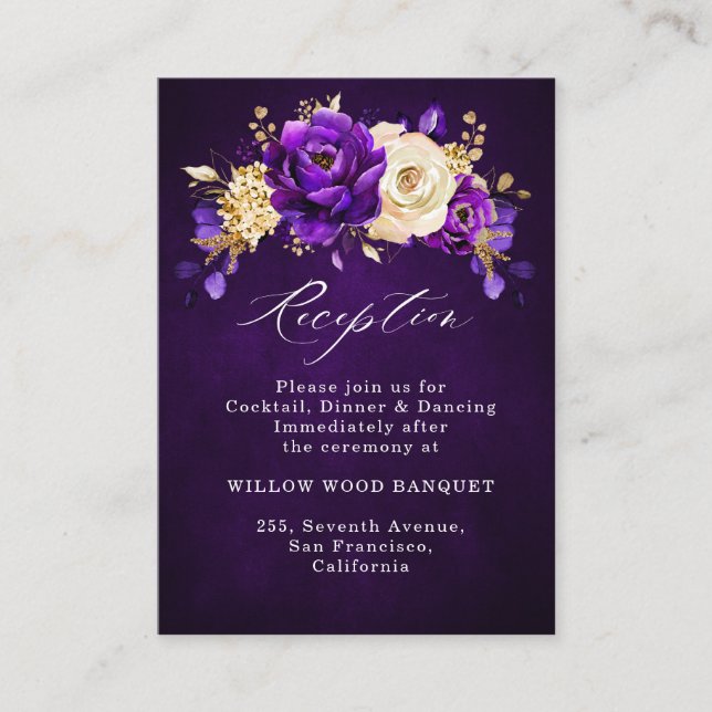 Royal Purple Violet Gold Floral Botanical Wedding  Enclosure Card (Front)