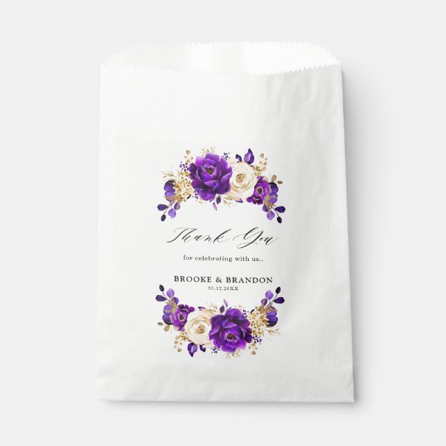 Royal Purple Violet Gold Floral Botanical Wedding Favour Bags (Front)