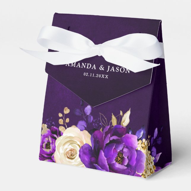 Royal Purple Violet Gold Floral Botanical Wedding  Favour Box (Front Side)