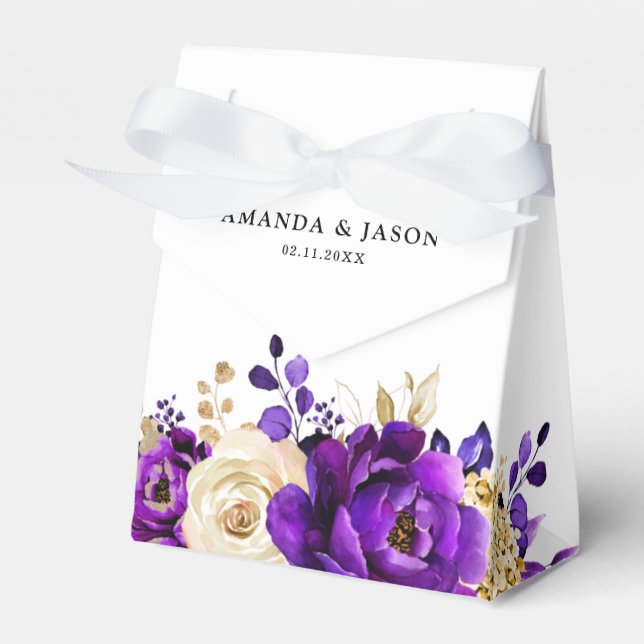 Royal Purple Violet Gold Floral Botanical Wedding Favour Box (Front Side)