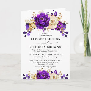 Royal Purple Violet Gold Floral Botanical Wedding Invitation