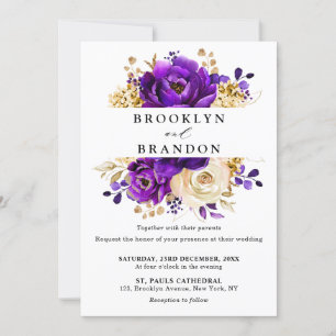 Royal Purple Violet Gold Floral Botanical Wedding Invitation