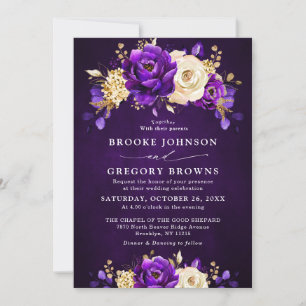 Royal Purple Violet Gold Floral Botanical Wedding  Invitation