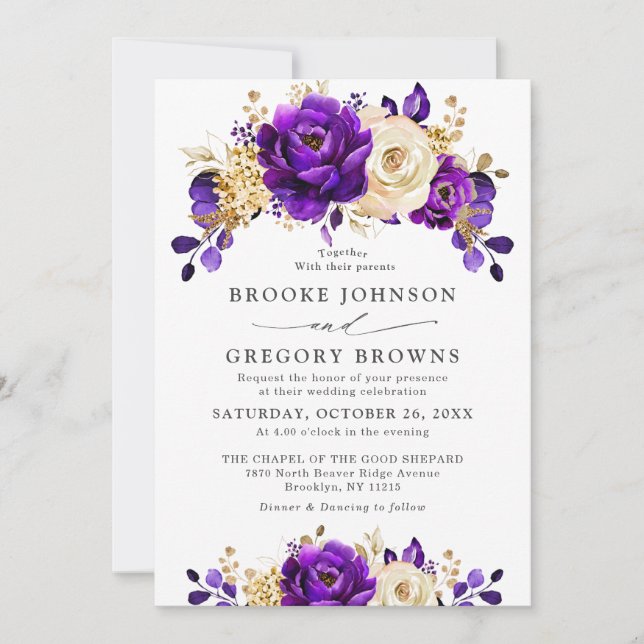  Royal Purple Violet Gold Floral Botanical Wedding Invitation (Front)