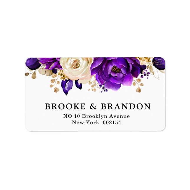 Royal Purple Violet Gold Floral Botanical Wedding Label (Front)