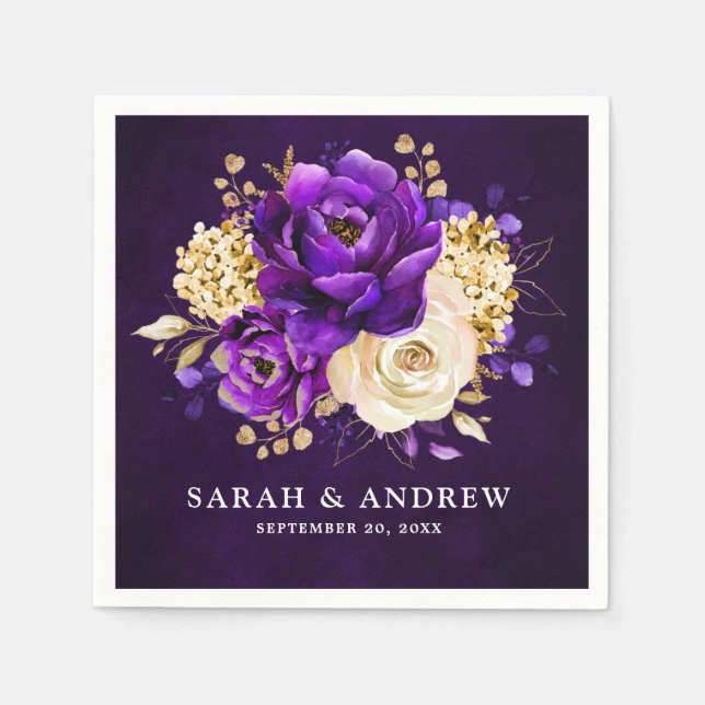 Royal Purple Violet Gold Floral Botanical Wedding  Napkin (Front)
