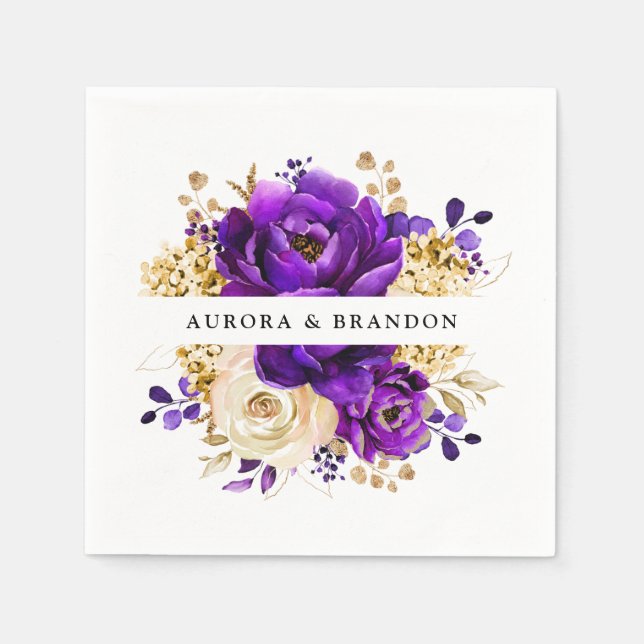 Royal Purple Violet Gold Floral Botanical Wedding Napkin (Front)