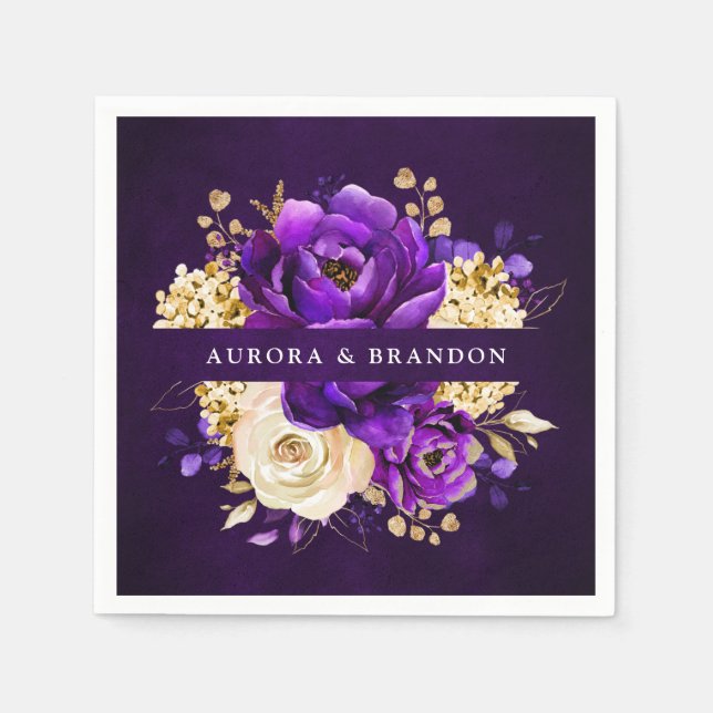 Royal Purple Violet Gold Floral Botanical Wedding  Napkin (Front)