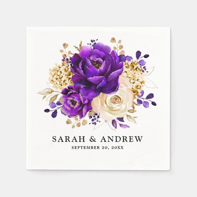Royal Purple Violet Gold Floral Botanical Wedding Napkin (Front)