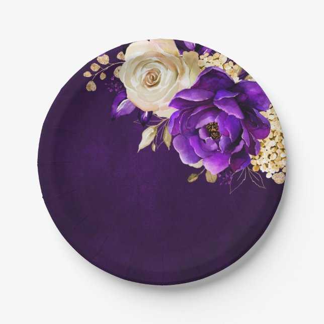 Royal Purple Violet Gold Floral Botanical Wedding  Paper Plate (Front)