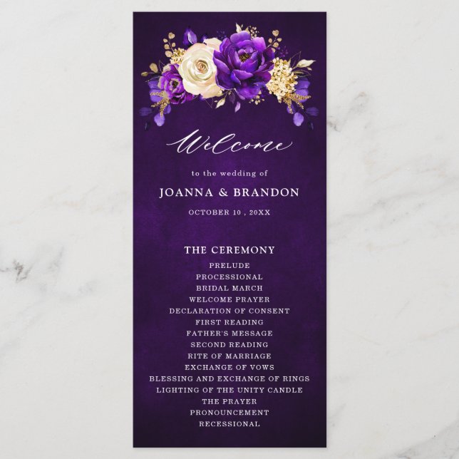 Royal Purple Violet Gold Floral Botanical Wedding  Programme (Front)