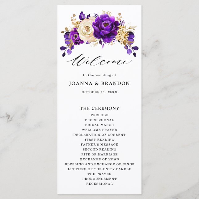 Royal Purple Violet Gold Floral Botanical Wedding Programme (Front)