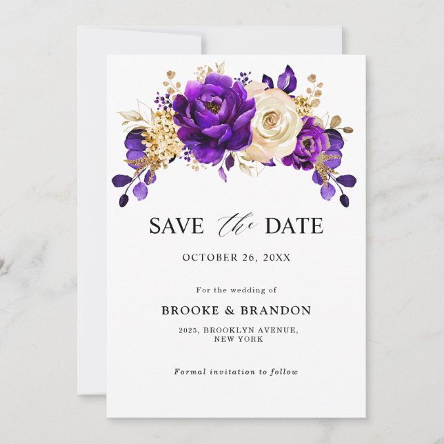 Royal Purple Violet Gold Floral Botanical Wedding Save The Date (Front)