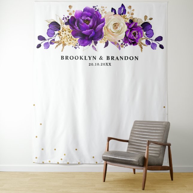 Royal Purple Violet Gold Floral Botanical Wedding Tapestry (In Situ)