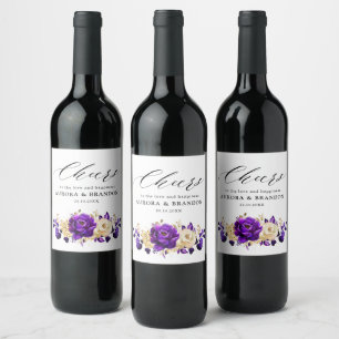 Royal Purple Violet Gold Floral Botanical Wedding Wine Label
